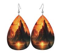 The mysterious mountain range glowing under the sunset Women's Teardrop Leather Earrings - Lightweight PVC Dangle Earrings, 925 Silver Hooks, Double-Sided Prints | Hypoallergenic Gift