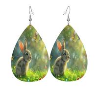 The naive little rabbit under the sunshine Women's Teardrop Leather Earrings - Lightweight PVC Dangle Earrings, 925 Silver Hooks, Double-Sided Prints | Hypoallergenic Gift