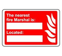 The Nearest Fire Marshal is Located - safety sign - High tack self-adhesive sticker (400mm x 300mm) Viewing Distance within 14m.