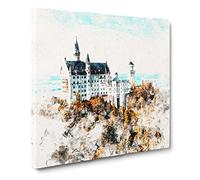 The Neuschwanstein Castle In Germany Watercolour Canvas Print | Gallery Wrapped 30mm Frame Wall Art | 14x14 inches | Ready to Hang | Modern Cityscape Picture | Living Room Bedroom Lounge Office
