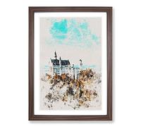 The Neuschwanstein Castle in Germany Watercolour Framed Print | A2 Walnut Framed Wall Art | Ready to Hang | Modern Cityscape Picture | Living Room Bedroom Lounge Office