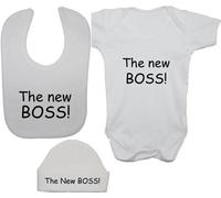The New Boss Baby Bodysuit/Romper/T-Shirt & Feeding Bib with Matching Beanie Hat/Cap - 0-3 Months - White