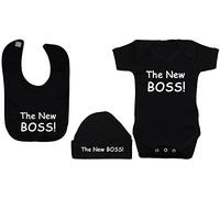 The New Boss Baby Bodysuit/Romper/T-Shirt & Feeding Bib with Matching Beanie Hat/Cap - 3-6 Months - Black