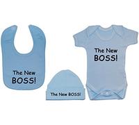 The New Boss Baby Bodysuit/Romper/T-Shirt & Feeding Bib with Matching Beanie Hat/Cap - 3-6 Months - Blue