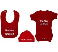 The New Boss Baby Bodysuit/Romper/T-Shirt & Feeding Bib with Matching Beanie Hat/Cap - 3-6 Months - Red