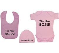The New Boss Baby Bodysuit/Romper/T-Shirt & Feeding Bib with Matching Beanie Hat/Cap - 6-12 Months - Pink