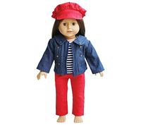 The New York Doll Collection 18 inch / 46cm Doll Outfits - Denim Jacket with Striped Tee Red Trousers, Hat Included - Dolls Clothing Fits 18 inch / 46cm Dolls