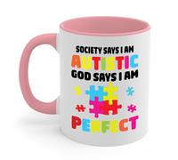 The Next Funny Society Says I'm Autistic God Says I'm Perfect Autism Gifts Coffee Mug For Men Women(Pink & White, 11oz)