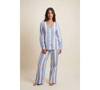 The Night Store Women's Stripe Cotton V Neck Pyjama Trouser Set in Light Blue | Size: 14-16 The Night Store Light Blue 14-16