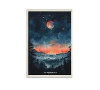 The Night We Clustered Moon Wall Art Surreal Starry Sky Landscape with Red Moon Mountains And City Lights Dreamy Night Scene Painting Living Room Meditation Space Decor Gift 12x18inch Unframe