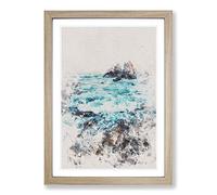 The Ocean Against The Rock Watercolour Framed Print | A2 Oak Framed Wall Art | Ready to Hang | Modern Nautical Picture | Living Room Bedroom Lounge Office