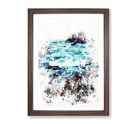 The Ocean Against The Rock Watercolour Modern Framed Print | A2 Walnut Framed Wall Art | Ready to Hang | Modern Nautical Picture | Living Room Bedroom Lounge Office