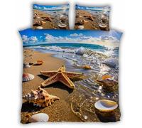 The Ocean Double Duvet Cover Seashells Soft Microfiber Reversible Bedding Set, Includes 2 Pillowcases 50 x 75 cm & 1 Duvet Cover 200 x 200 cm with Hidden Zipper JF68