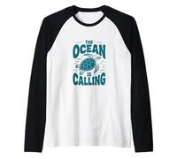 The Ocean is Calling Beach Summer Sea Turtle Lover Raglan Baseball Tee
