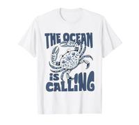 The Ocean is Calling Blue Floral Crab Botanical Value Graphic T-Shirt, Men, White, L