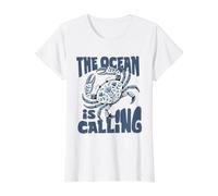 The Ocean is Calling Blue Floral Crab Botanical Value Graphic T-Shirt, Women, White, S