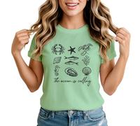 The Ocean is Calling Marine Life Womens Graphic T-Shirt Sea Creatures Illustrated Ocean Tee 2XL