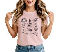 The Ocean is Calling Marine Life Womens Graphic T-Shirt Sea Creatures Illustrated Ocean Tee 3XL