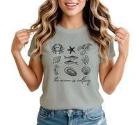 The Ocean is Calling Marine Life Womens Graphic T-Shirt Sea Creatures Illustrated Ocean Tee Medium