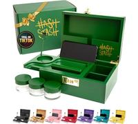 The OG Stash Storage Box - Large Bamboo with Combination Lock, Magnetic Lid, Organizer Tray, 3 Smell-Proof Jars and Brush - Portable Decorative Wooden Lock Box Kit with Accessories (Green/Gold)