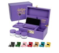 The OG Stash Storage Box - Large Bamboo with Combination Lock, Magnetic Lid, Organizer Tray, 3 Smell-Proof Jars and Brush - Portable Decorative Wooden Lock Box Kit with Accessories (Purple/Gold)