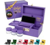 The OG Stash Storage Box - Large Bamboo with Combination Lock, Magnetic Lid, Organizer Tray, 3 Smell-Proof Jars and Brush - Portable Decorative Wooden Lock Box Kit with Accessories (Purple/Gold)