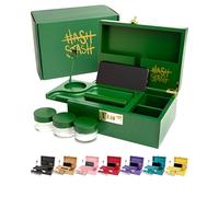 The OG Stash Storage Box - Large Bamboo with Combination Lock, Magnetic Lid, Organizer Tray, 3 Smell-Proof Jars and Brush - Portable Decorative Wooden Lock Box Kit with Accessories (Green/Gold)