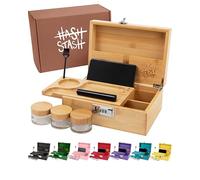 The OG Storage Box - Large Bamboo Box with Combination Lock, Magnetic Lid, Organizer Tray, Airtight Tube and 3 Smell-Proof Jars - Discreet Decorative Locking Wooden Box with Accessories (Wood/Silver)