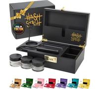 The OG Storage Box - Large Bamboo Box with Combination Lock, Magnetic Lid, Organizer Tray, Airtight Tube and 3 Smell-Proof Jars - Discreet Decorative Locking Wooden Box with Accessories (Black/Gold)