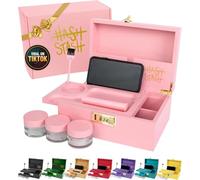 The OG Storage Box - Large Bamboo Box with Combination Lock, Magnetic Lid, Organizer Tray, Tube, Brush and 3 Smell-Proof Jars - Discreet Decorative Stash Storage Lock Box with Accessories (Pink/Gold)