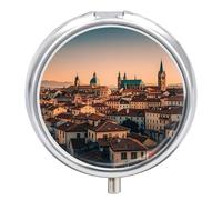 The Old Town at Sunset Metal Pill Organizer, 3 Compartment Waterproof Pill Case with Mirror for Purse Pocket Bag, Daily Medicine Vitamin Holder, Portable Travel Med Container(Round)