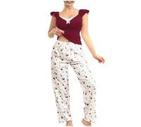 The Order Floral Pjs Sets for Women UK Soft 2 Pieces Pyjamas Set Ruffle Sleeveless Lace V Neck Cropped Tops and Lounge Pants Sleepwear Flower Print Pajamas Set Comfty Cotton Classic Pj Sets Ladies