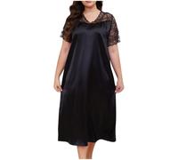 The Order Women Satin V Neck Lace Short Sleeve Long Nightdress Plus Size Nightgown Nighties Plain Nightshirts Loose Sleep Dress Sexy Lingerie Comfy Soft Pyjamas Silk Nighties Floral Chemises Sleepwear