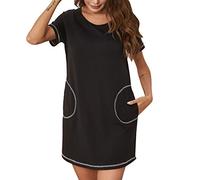 The Order Women's Nightdress with Pockets Short Sleeve Casual T Shirt Midi Dresses Nightshirts Solid Color Nighties Soft Cotton Loose Sleep Dress Ladies Casual Sleepwear Soft Nightgown Pyjamas Black