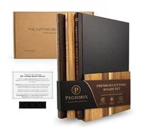 The Original Cutting Board Library | 100% Acacia Wood | Set of 3 Decorative and Functional Cutting Boards with Stand | Fruit, Vegetables, Meat, Fish, Cheese and Bread | Statement Piece for