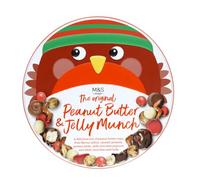 The Original Peanut Butter and Jelly Munch Tin Box with Chocolate Malt Balls, Pretzel Sticks, Fruit Jellies from M&S