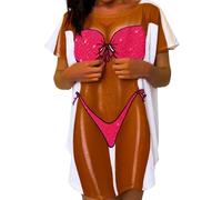 The Original Women's Bikini Shirt - Funny Bikini Print Bathing Suit Cover-up Beach Tshirt Dress for Women Men, Pink Tan, One Size