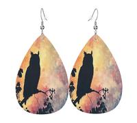 The owl's silhouette on its head Women's Teardrop Leather Earrings - Lightweight PVC Dangle Earrings, 925 Silver Hooks, Double-Sided Prints | Hypoallergenic Gift