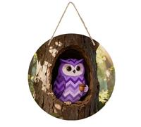 The Owl's Tree Hole Wooden Painting Circular Wood Hanging Plaque with UV Printed Patterns, Rustic Minimalist Wall Decoration for Living Room Bedroom Kitchen Farmhouse