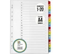 The Paper Shop Numbered Dividers 1-20 A4-20 Part Coloured Number Tabs (1 Pack) | File & Folder Dividers for Ring Binders & Lever Arch Files | Subject Dividers for Home Office & School - 20 Sections