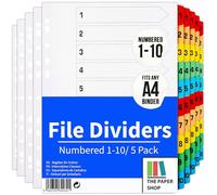 The Paper Shop Numbered Dividers A4 1-10 - 10 Part Coloured Number Tabs (5 Pack) | File & Folder Dividers for Ring Binders & Lever Arch Files | Subject Dividers for Home Office & School - 50 Sections