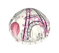 The Paris Tower And A Bicycle Print Shower Cap For Women Reusable Double Layer Stylish Soft Bath Cap With Lining Elastic Band