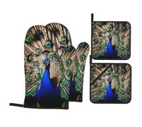 The Peacock Oven Mitts And Pot Holders 4 Pcs Set - Anti-Skid Oven Gloves, Insulated Microwave Oven Mitts And Cooking Mitts For Kitchen Baking Bbq Grilling