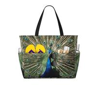 The Peacock Print Large Waterproof Beach Tote Bag for Women with Zip and Pockets Foldable Handbag for Travel Pool Shopping Holiday Gym