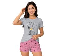 The Peanuts Snoopy Pyjamas for Women - Happiness Pyjama Set Short Sleeve Top with Shorts Grey/Pink, grey/pink, M