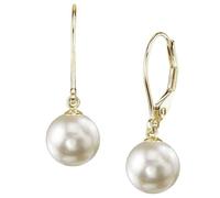 THE PEARL SOURCE 14K Gold 7.5-8mm AAA Quality Round Genuine White Akoya Cultured Pearl Leverback Earrings for Women