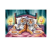 The Peculiar Delight of A Tiger Eating Pizza in Bed Canvas Poster Bedroom Decor Landscape Office Room Decor Gift 24x36inch(60x90cm)