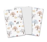 The Perfect Trio | Next To Me Compatible (83-85 x 50-51 cm) - 2x 100% Pure Cotton Crib Fitted Sheets & 1 Waterproof Mattress Protector (Trees & Animals, 83-85 x 50-51 cm)