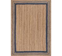 THE PIKKU INTERNATIONAL - Handmade Jute Rug Beige Blue Line Rectangle Hand Woven Farmhouse Jute Area Rug (3 x 8 ft)