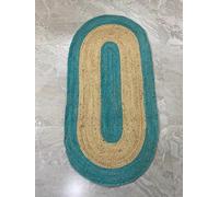THE PIKKU INTERNATIONAL - Handmade Jute Rug Beige with Aqua Turquoise Cord Border Farmhouse Jute Area Rug